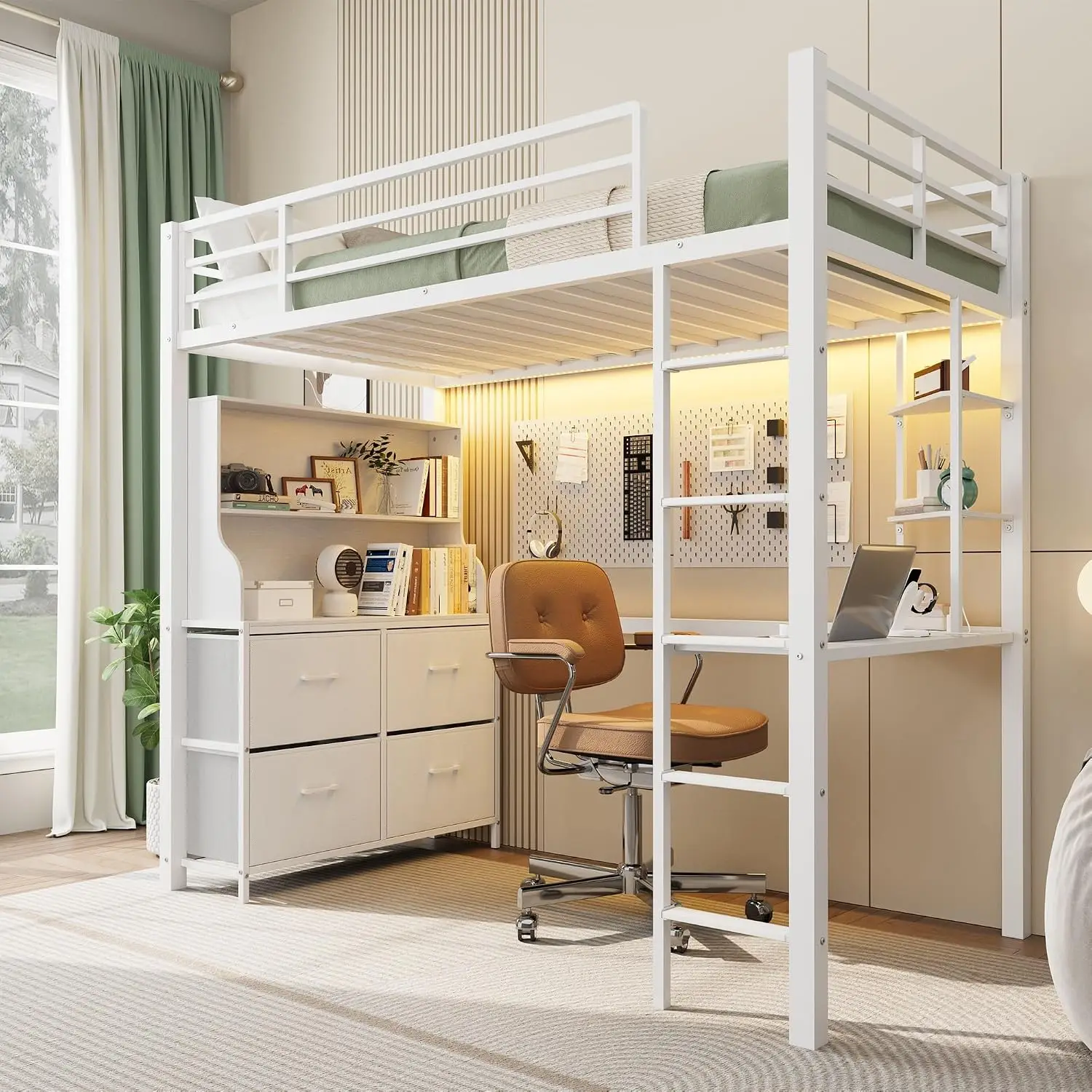 Twin Size Loft Bed with Desk, 4 Large Drawers and LED Lights, Power Outlets