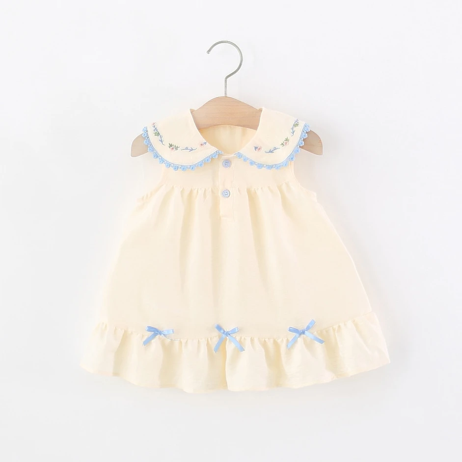 Baby-Kleider, Sommerkleid aus Baumwolle, einfarbig, mit Schleife, bestickter Kragen, ärmellos, Baby-Mädchen-Kleid, niedliches, flauschiges Prinzessinnenkleid, Babykleidung