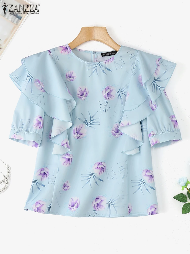 

2025 Bohemian Women Blouse ZANZEA Fashion Floral Print Tops Tee Summer Ruffles Blouses Short Sleeve Blusas Holiday Work Tunic