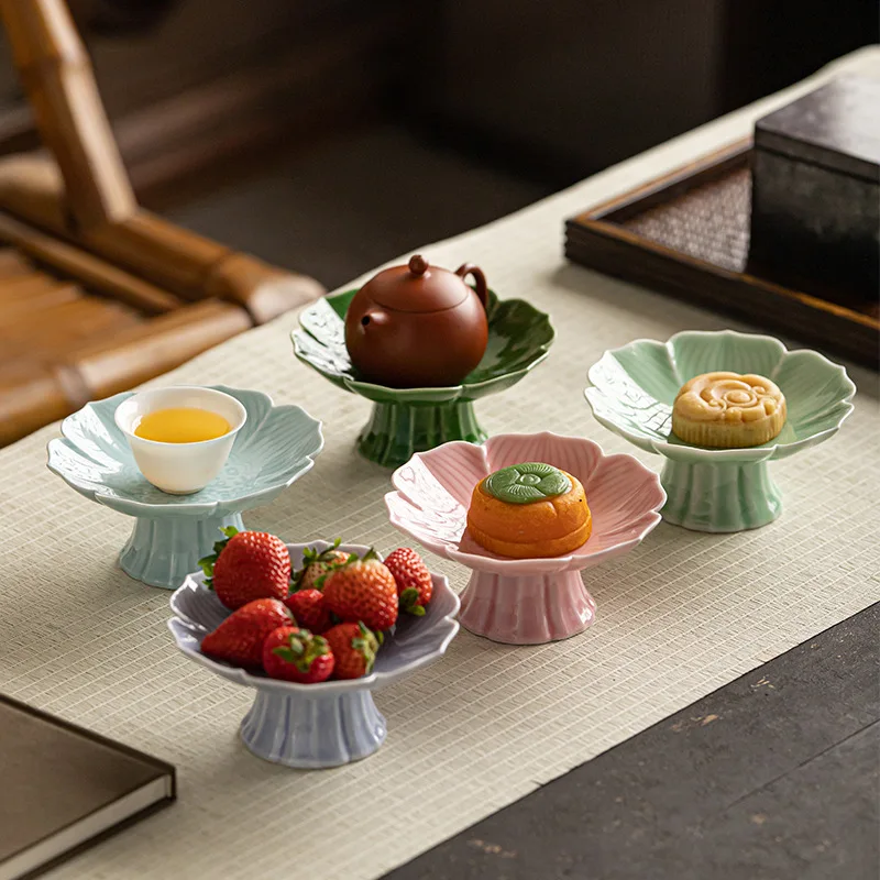 Chinese Ceramic Tea Tray Engagement Cakes Table Dim Sum Pastry Snack Plate High Foot Small Plate Household Tea Set Ornaments