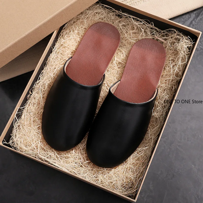 

New Japan Style Sheepskin Couple's Indoor Slippers PU Leather All Season Anti-Slip Comfortable Home Slippers for Men and Women