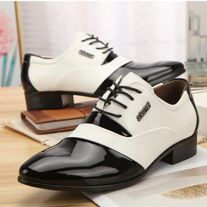 New Black Leather Low Top Soft Men Dress Shoes Solid Color Men Premium Patent Leather Shoes White Wedding Shoes Size 38-44