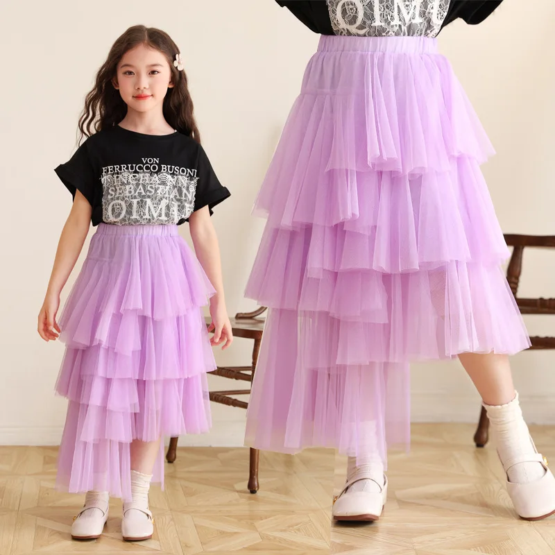

Элегантная длинная струящаяся многоярусная юбка трапециевидной формы принцессы, детская повседневная универсальная асимметричная юбка, фиолетовые многослойные тюлевые юбки для девочек-подростков