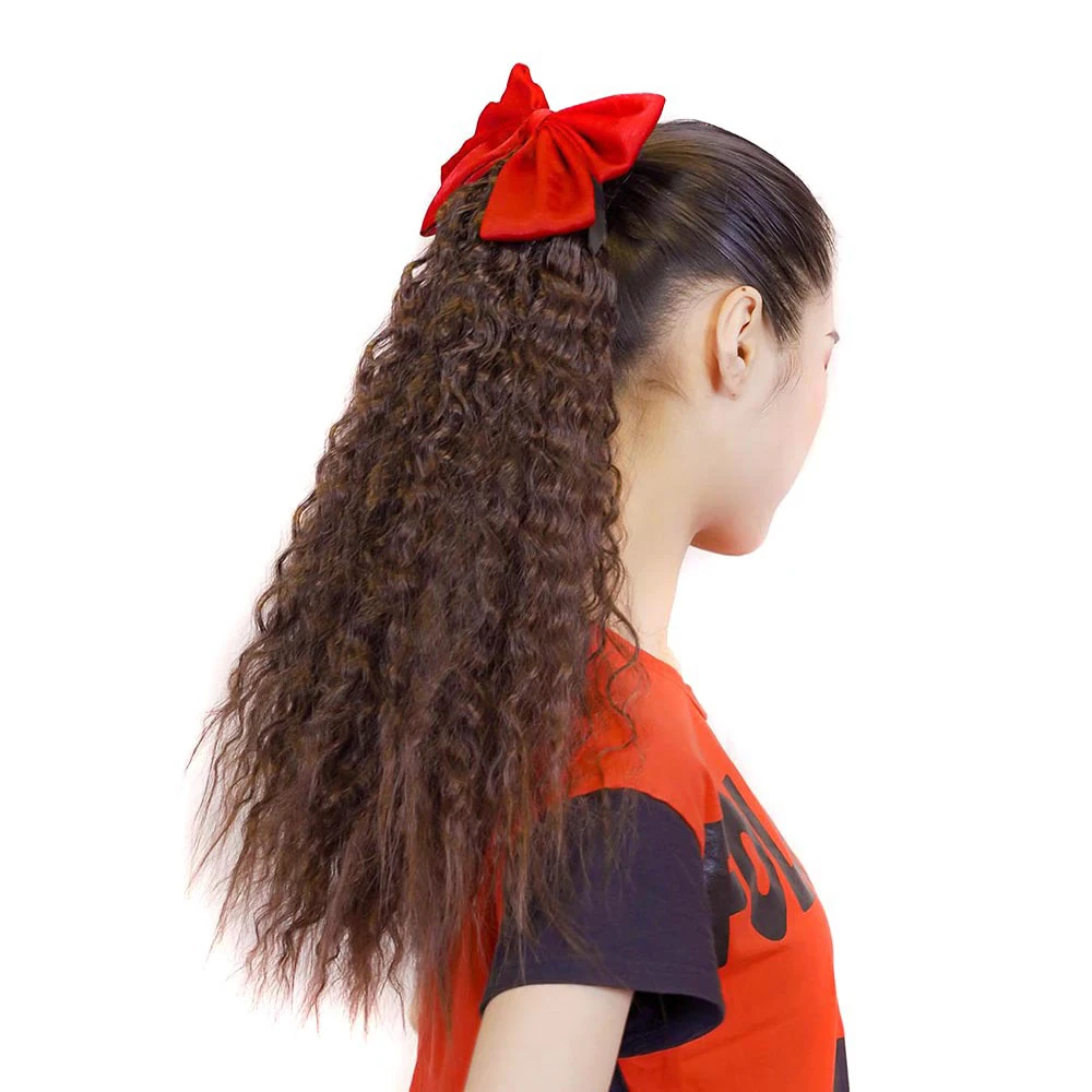 Red Bow Ponytail Hair Extension Long Kinky Curly Wavy Straight Synthetic Hairpiece with Bow for Girls