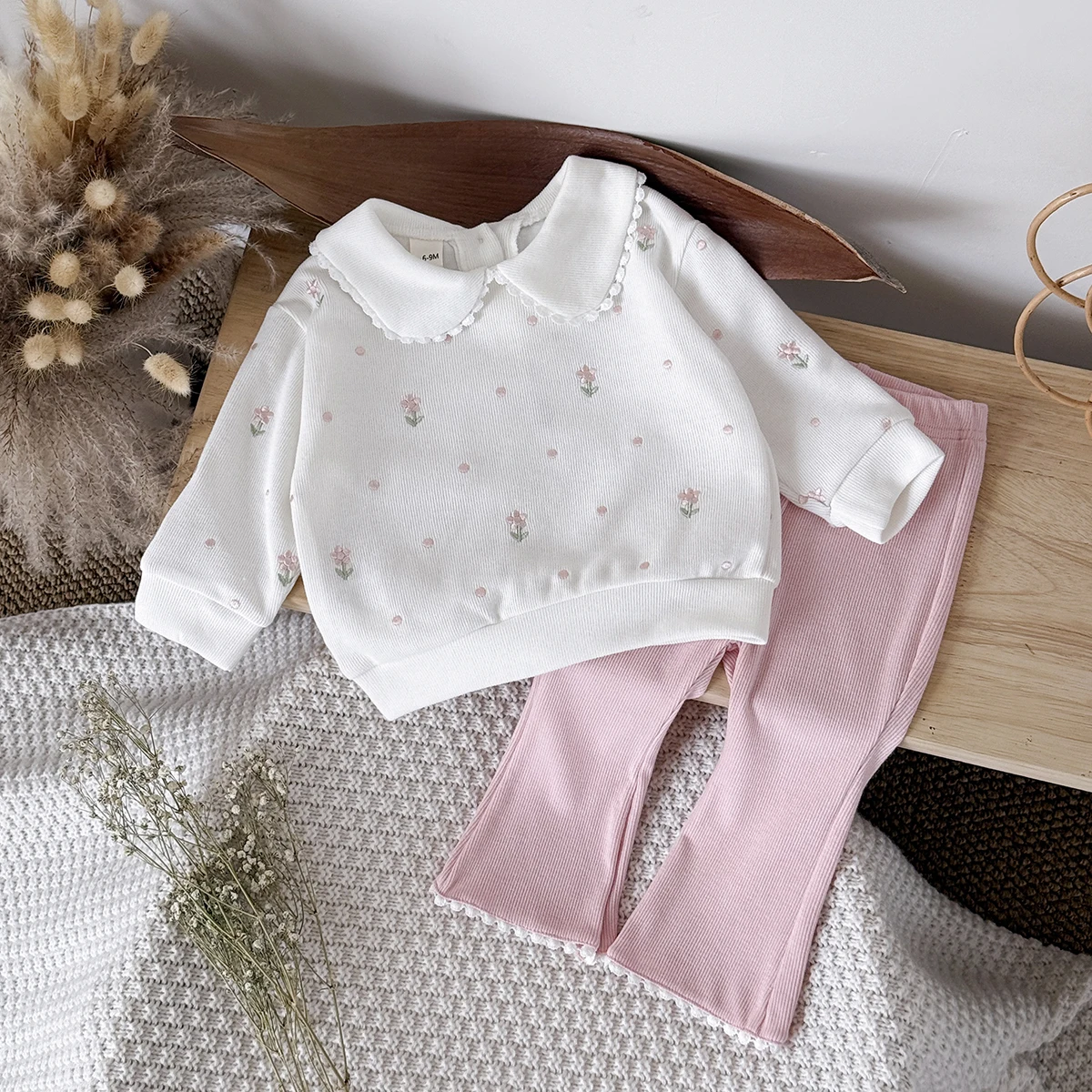 Y2K-Stil Kleinkind Mädchen 2-teiliges Set 1-3 Jahre Rosa Blumenstickerei Sweatshirt + Schlaghose Lässiges Mode-Outfit – Detail 6