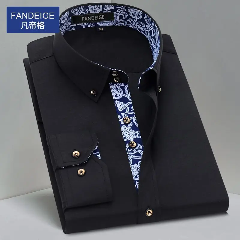 Blue and White Men\'s Dress Collar Shirt Long Sleeve Solid Color Printing Casual Business Slim Fit Cotton Shirts Anti-Wrinkle