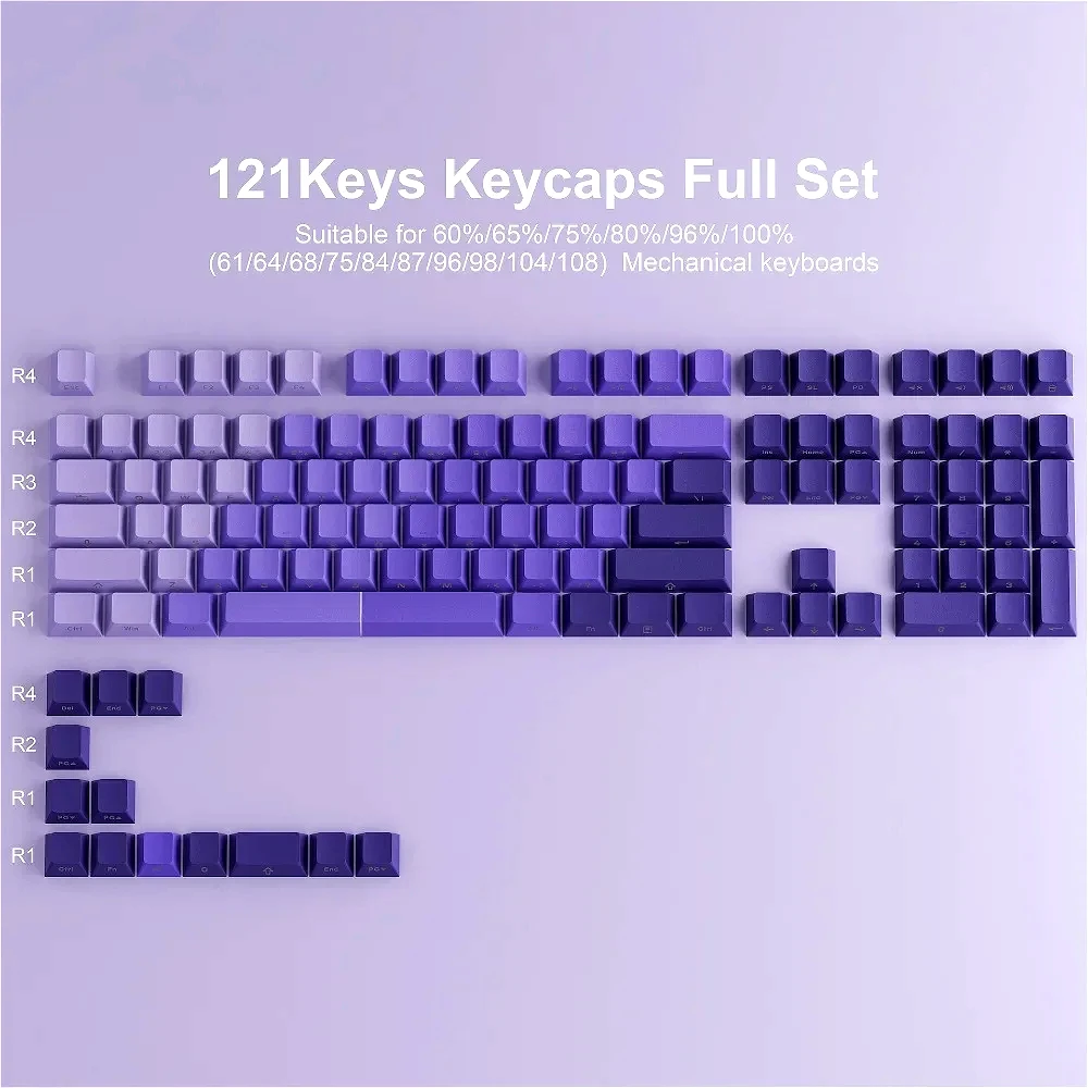 Gradual change color theme, cherry keycap 121 keys PBT purple, suitable for gaming mechanical keyboard accessories