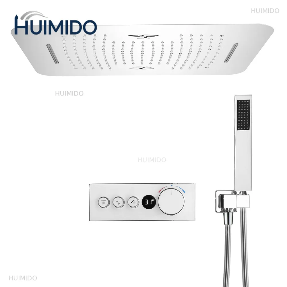 Chrome LED ceiling-mounted rain shower system, Bluetooth music speaker, water mixer valve, handheld bathroom shower set