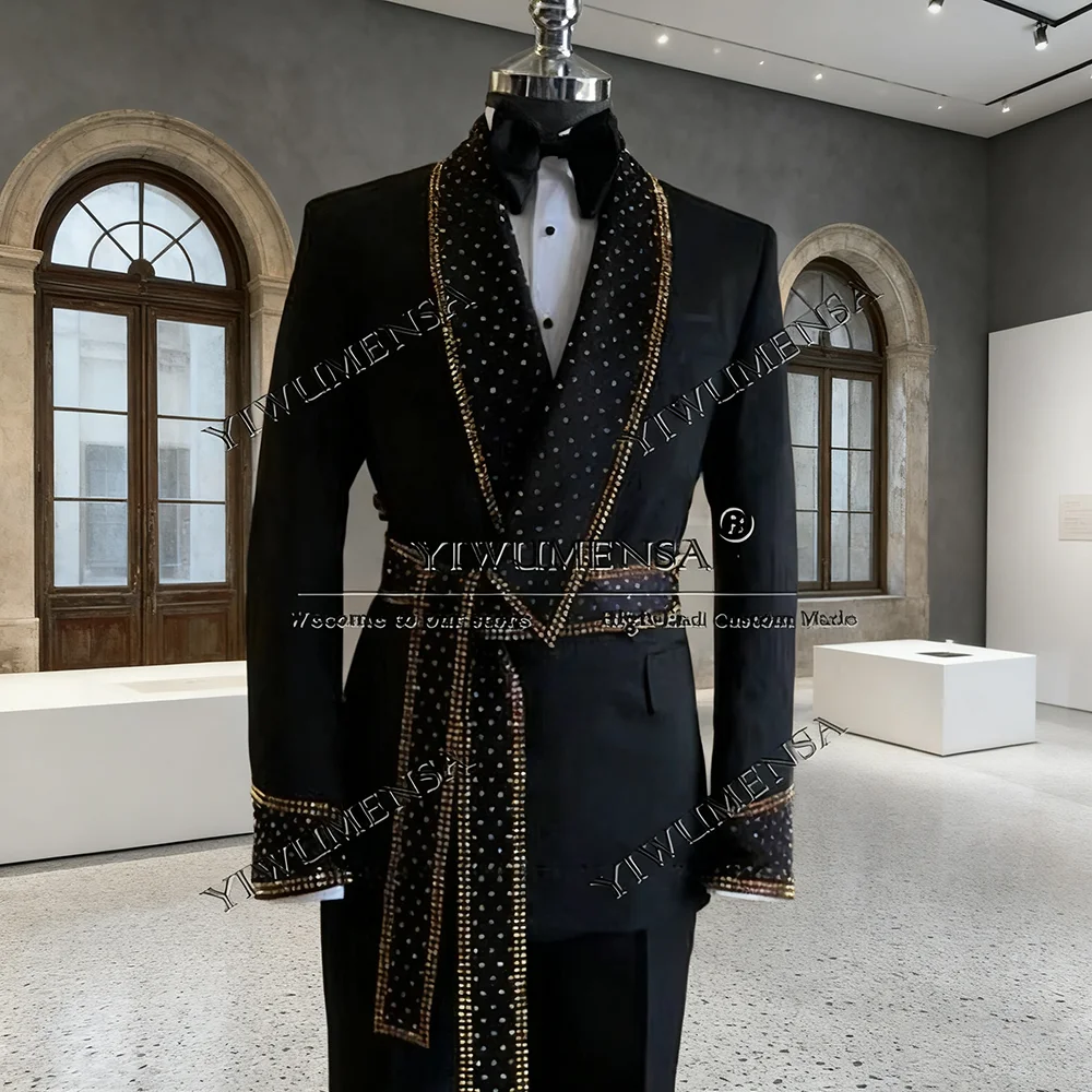 

Exclusive Beaded Stones Suits Men With Belt Doubnle Breasted Prom Blazers Man Formal Party Groom Tuxedos traje hombre Customized