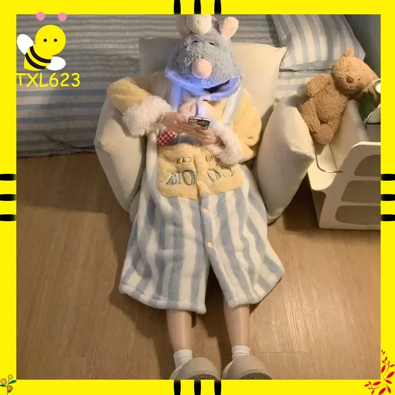 

Ratatouille Soft Coral Fleece Hooded Nightgown Kawaii Pajamas Thickened Autumn Winter Robe Comfortable Animation Derivative Gift