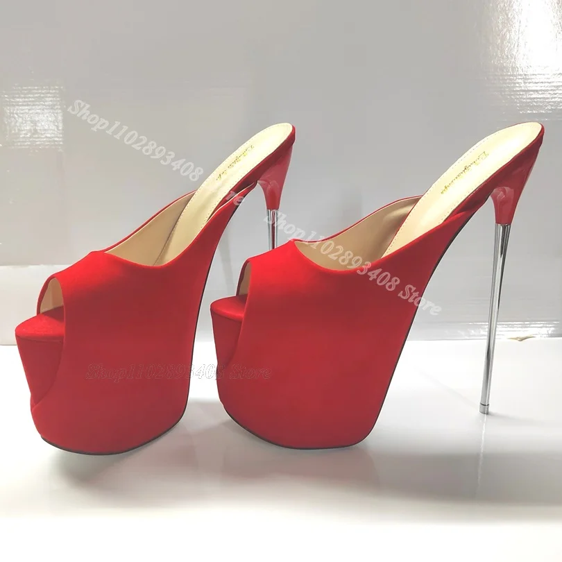 

Red Platform Flock Stiletto Slippers Metal Heels Peep Toe British Style Fashion Summer Dress Casual Shoes Zapatos Para Mujere