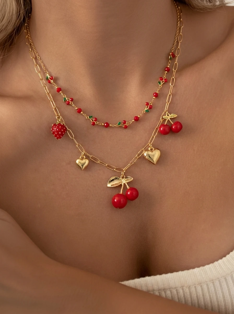 Dopamine Enamel Cherry Strawberry Flower Necklace Set for Women Sweet Bowknot Heart Rhinestone Bead Chain Party Jewelry Gift