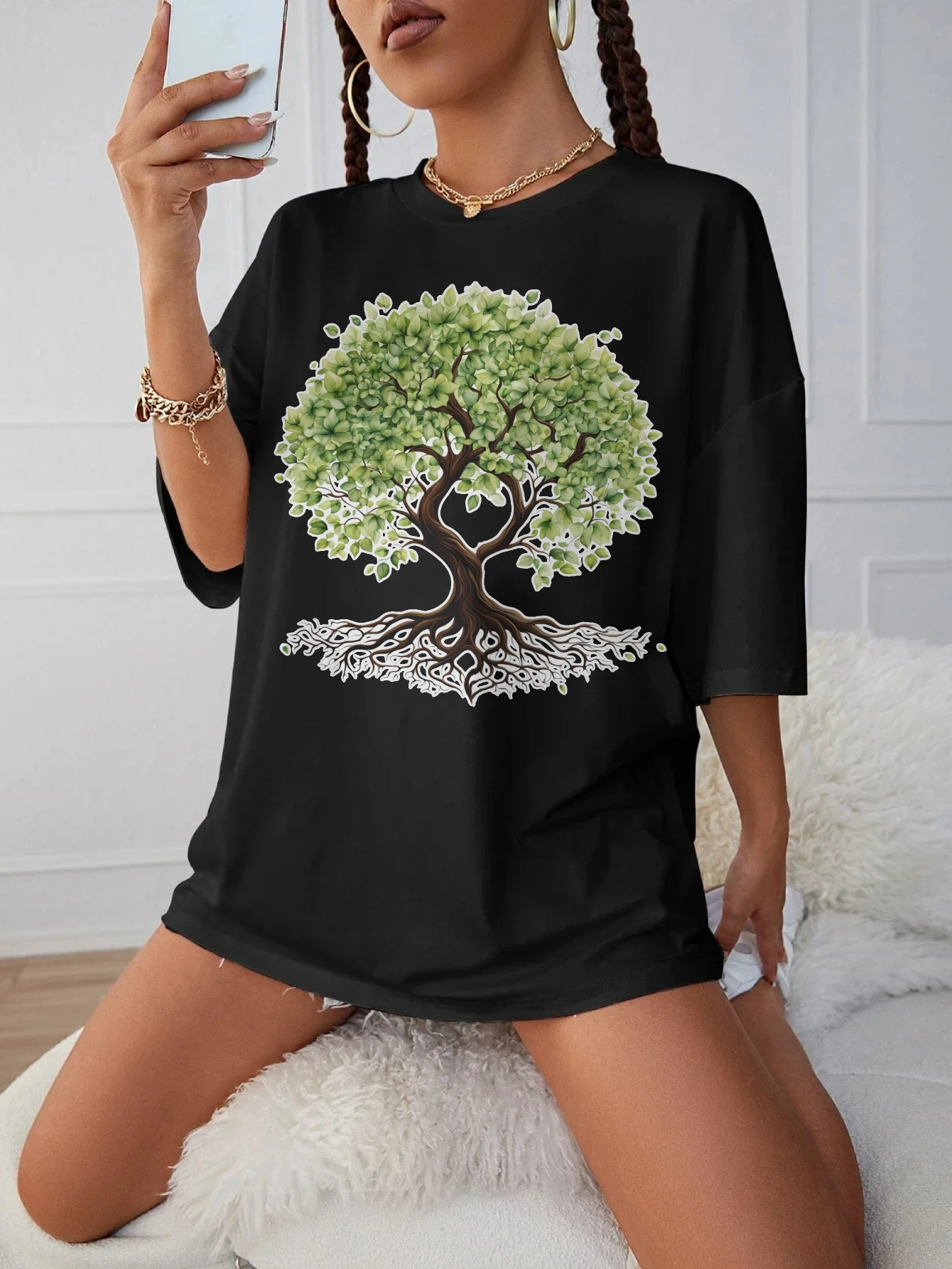 

Стильная черная футболка с круглым вырезом «Природное дерево жизни», свободная посадка, удобная одежда для беременных для женщин во позднем беременности