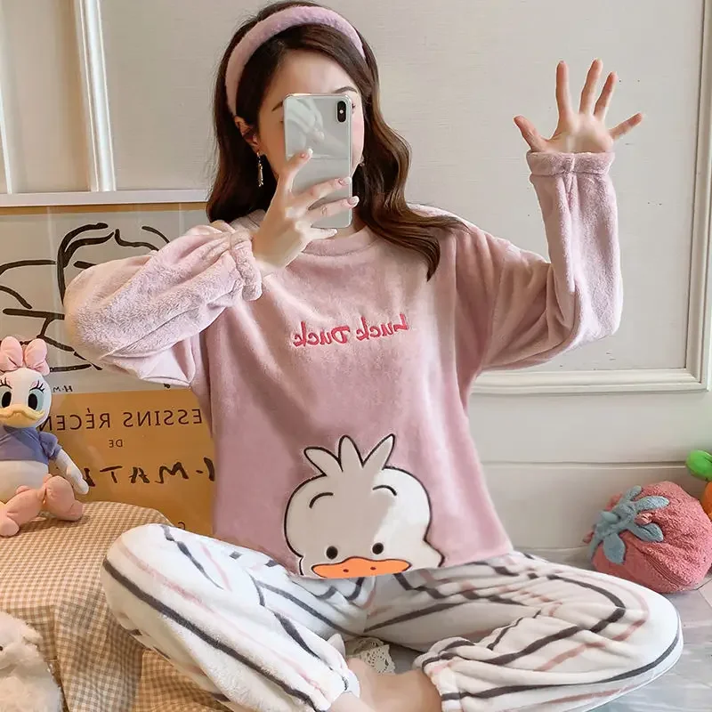 Coral Fleece Pajama Sets Women Winter Warm Sleepwear Long Sleeve Trouser Pajamas Flannel Thick Loungewear Korean Kawaii Clothes