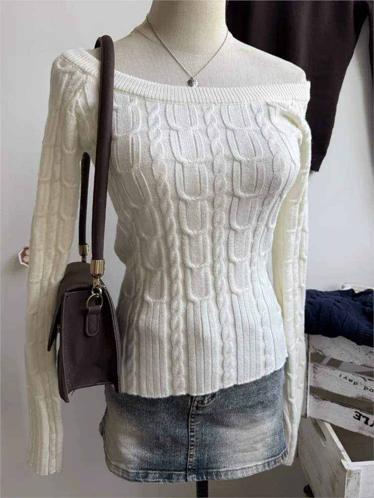 

Beige Twist Knitted Long Sleeve Tees Women Autumn Simple Sexy Slash Neck Slim T-shirts Vintage Sweet All-match Tops Pullover