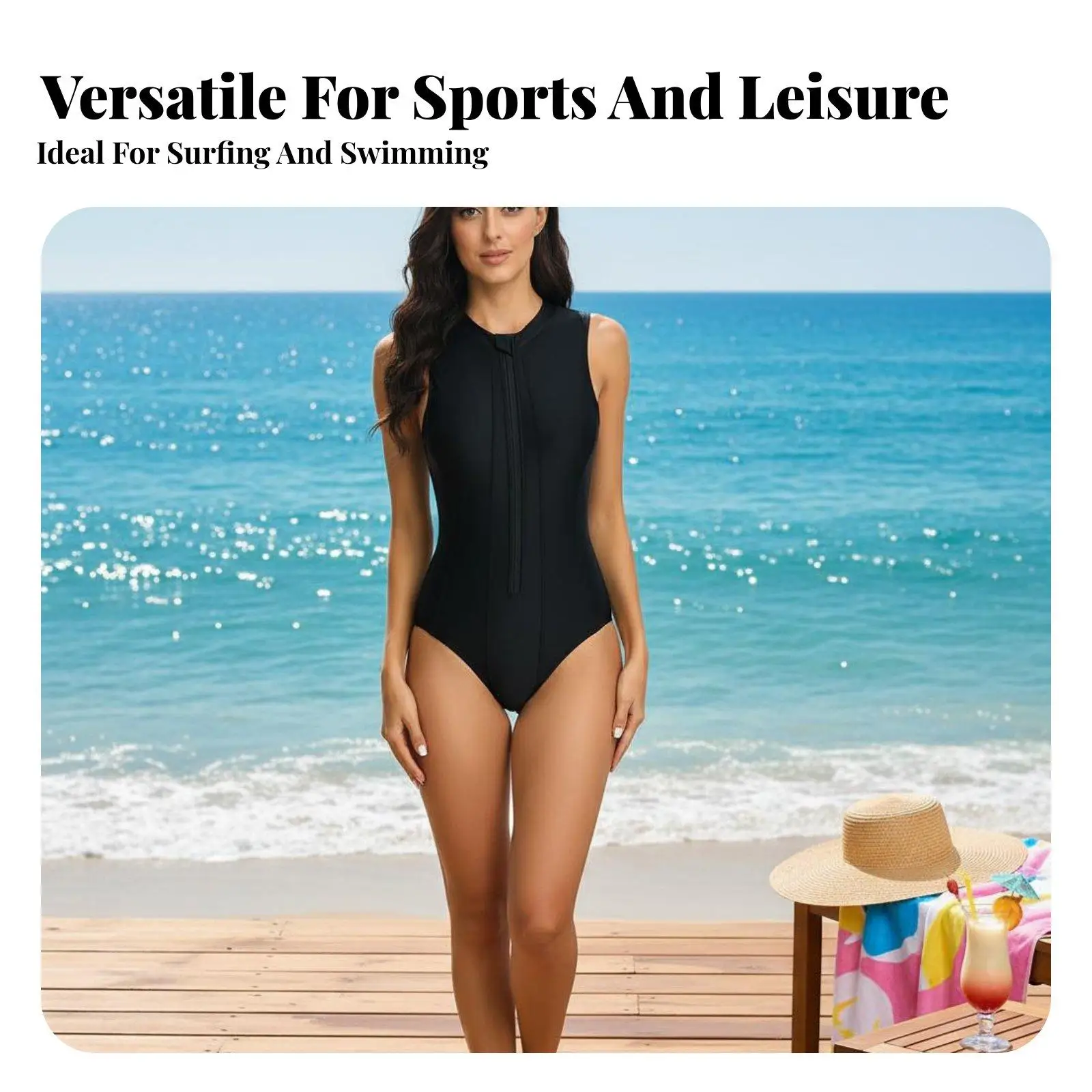 Women Surfing Suit One Piece High Neck Zipper Front Swimwear for Swimming Beach Sports Quick Dry Polyester