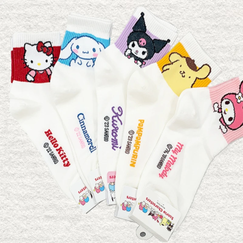 

Kawaii Sanrio Hello Kitty White Cotton Sports Women's Mid-tube Socks for Spring New Uniform Size Anime Figure Gift Kids Toys