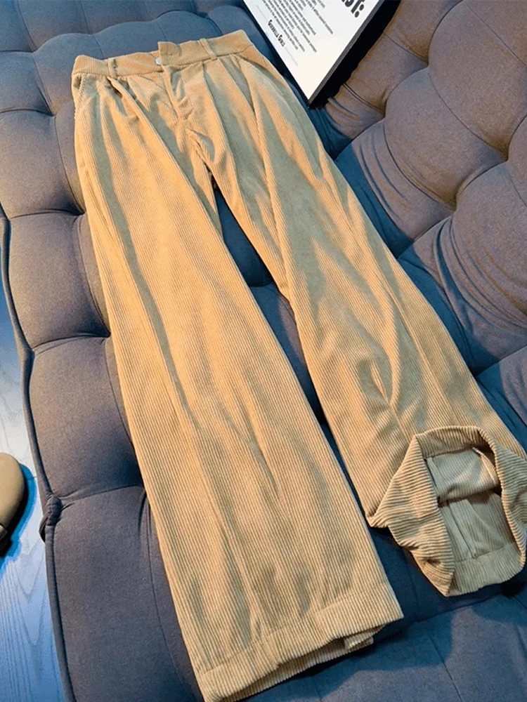 카키 코듀로이 남성 캐주얼 팬츠 가을 루즈 스트레이트 레그 텍스처 디자인 트렌디 하이웨이스트 롱 트라우저 패셔너블 스트레이트...