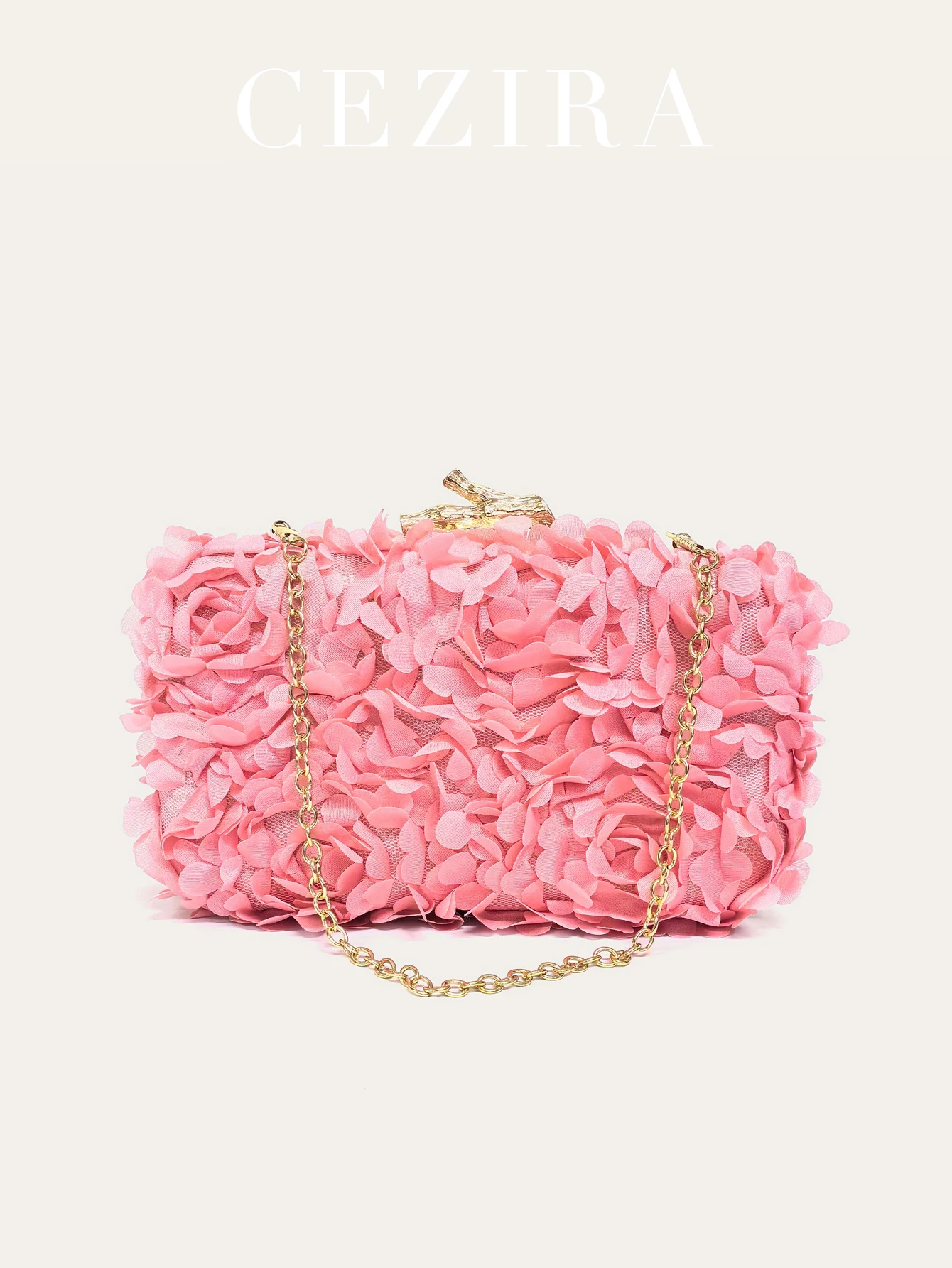 

CR Women's Romantic Sweet Petals Clutch Fabric Floral Applique Metal Frame Box Chain Evening Bag Wedding Party Dinner Banquet