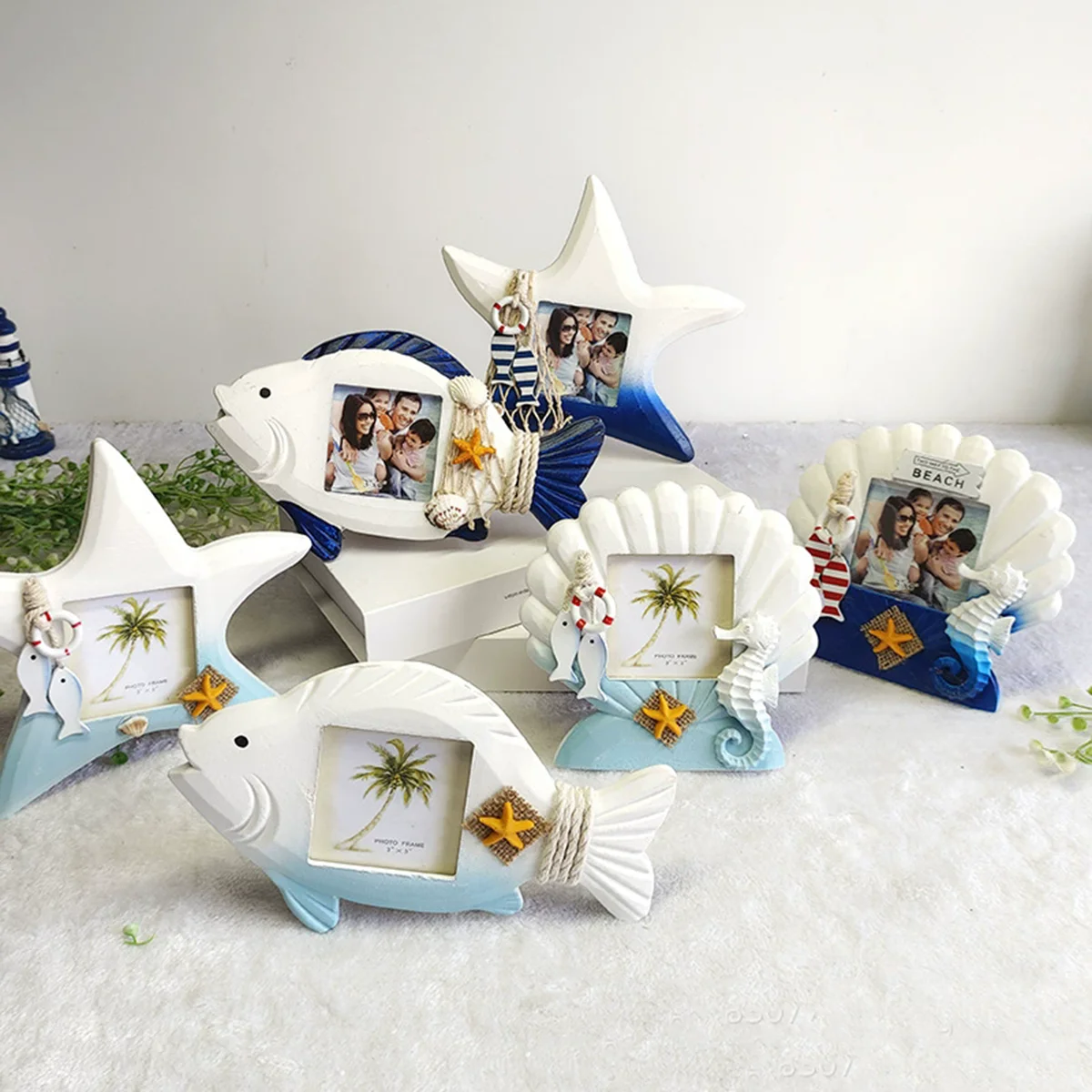 Marco de fotos de estrella de mar en forma de pez vieira creativa mediterránea, foto de boda, soporte de marco de 3 pulgadas, adorno de decoración del hogar