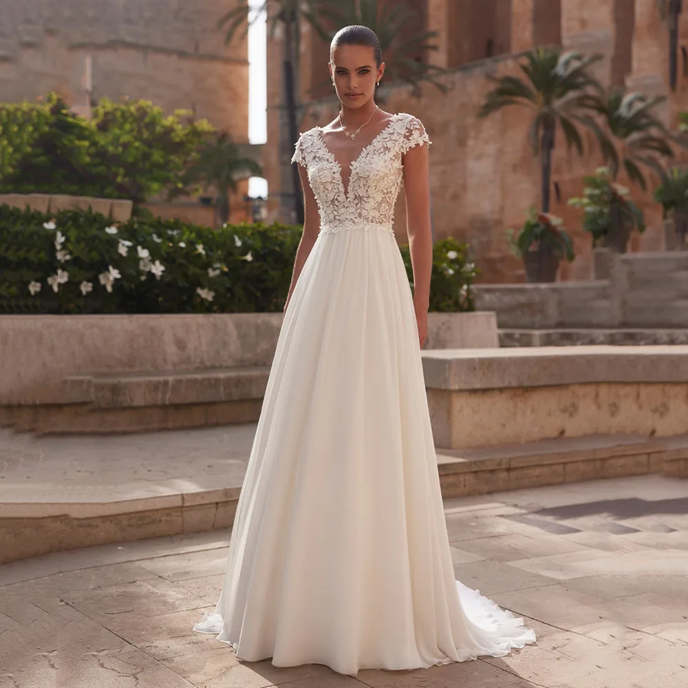 

2025 A-Line Lace Wedding Dress Brides Boho Women Cap Sleeve V-Neck Open Back Luxury Lace Elegant Bridal Gown Customized