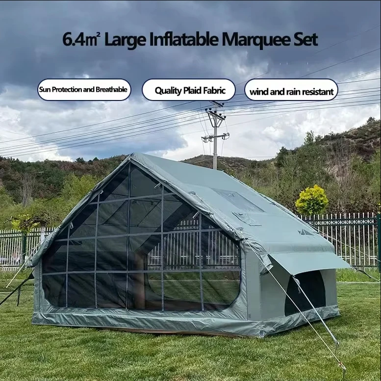 6.4㎡ Outdoor Camping Marquee Set High Quality Plaid Inflatable Tent with PVC Airtight Columns Cabin Tents Rainproof Windproof