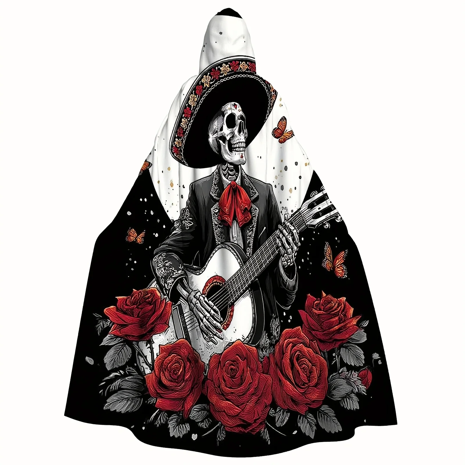 1pc Pattern Printed Hooded Robe Adult Cloak - Mariachi Skeleton, Red Roses, Moon And Butterflies| Adult Cloak Hooded Cloak