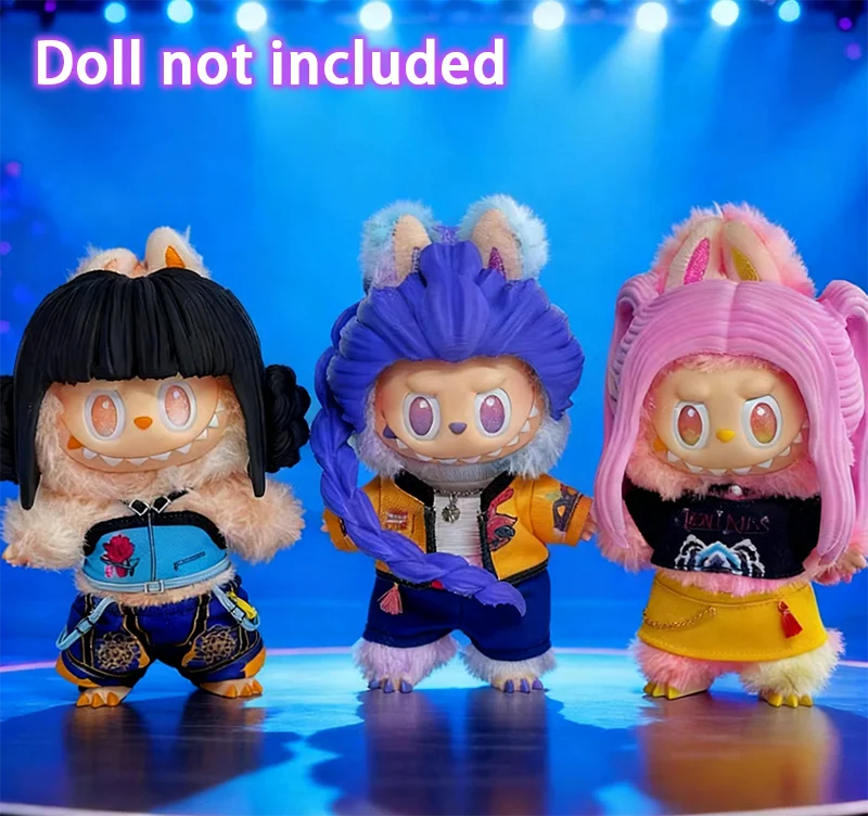 Für 17 cm Labubu Puppe Kleidung Cartoon Rumi Zoey Mira Kostüm Zubehör Perücke Haar Set Puppe Kleidung Zubehör Geschenk