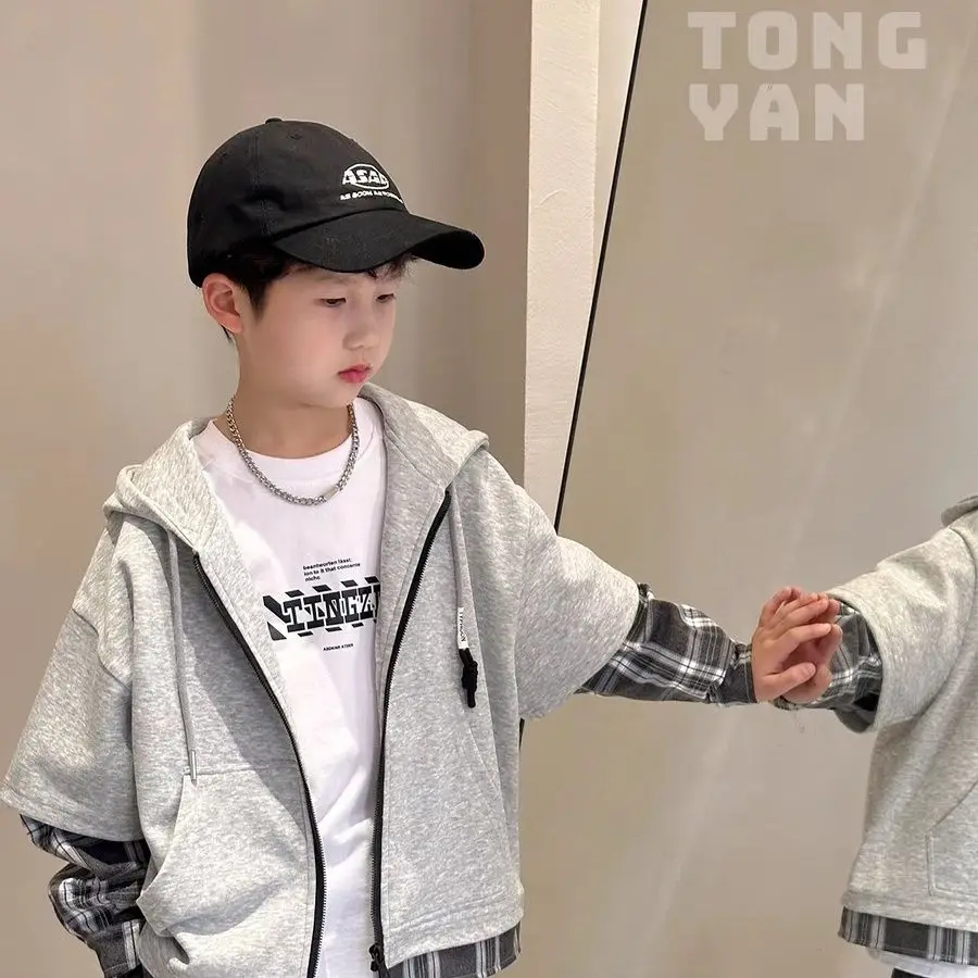 2025 Autumn Boys' Mid-Large Size Hooded Sweatshirt Fake Two-Piece Cardigan - Stylish Cool Fall Kids Outerwear