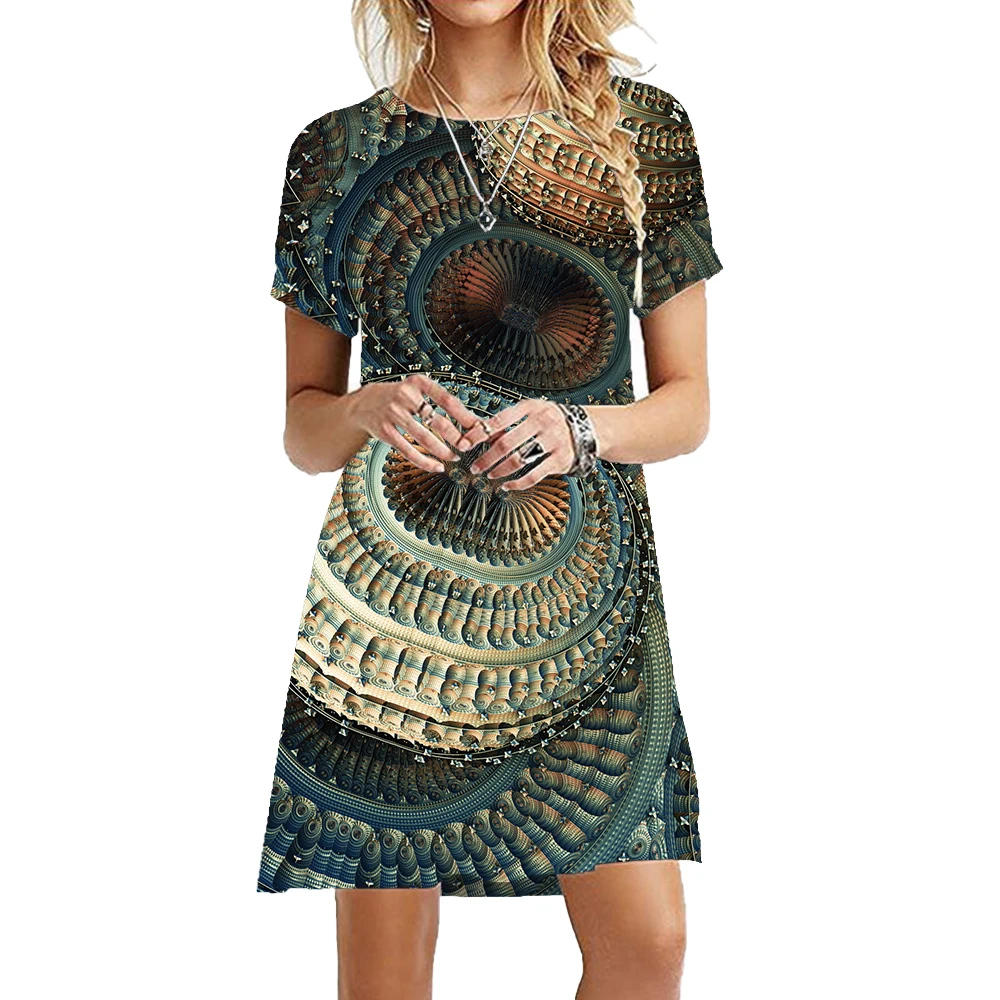 Elegant Women Abstract Print Dresses Summer 2023 Fashion Hip Hop Street A-Line Dress Casual Party Short Sleeve Oversized Clothes