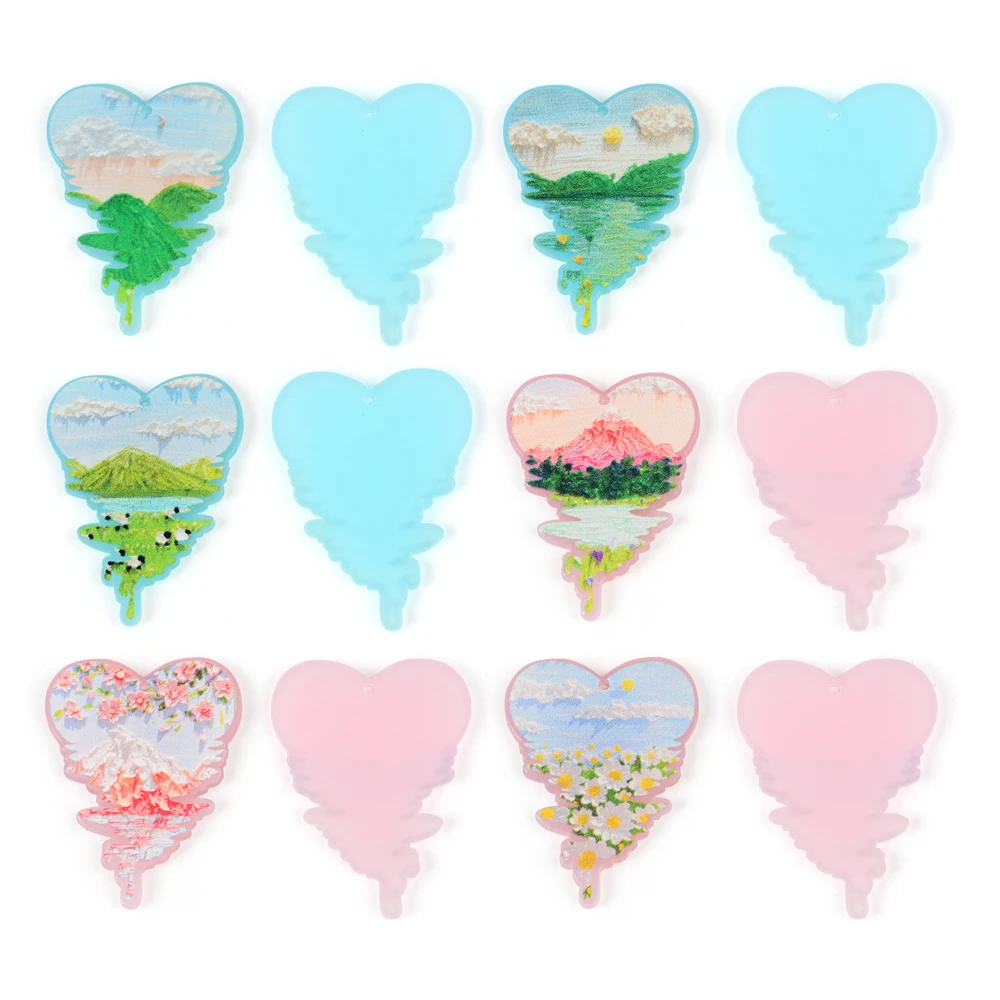 6pcs/lot Beautiful Scenery Acrylic Heart Pendant Jewelry Gifts Accessory Handmade Connector DIY Earrings Present for Women