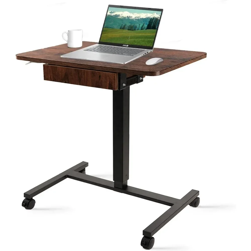 

Mobile Laptop Standing Desk, Height Adjustable Teacher Podium with Lockable Wheels, Adjustable Work Table with Drawer, C