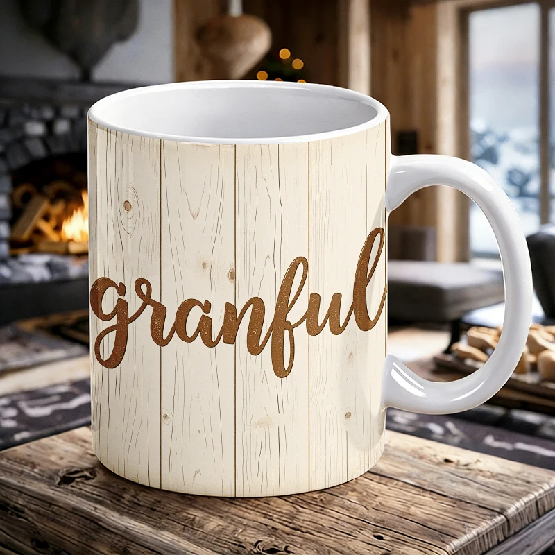

11 oz'Grateful'wood grain handle ceramic mug, full print pattern coffee mug, insulated milk cup, office water cup,fade-resistant