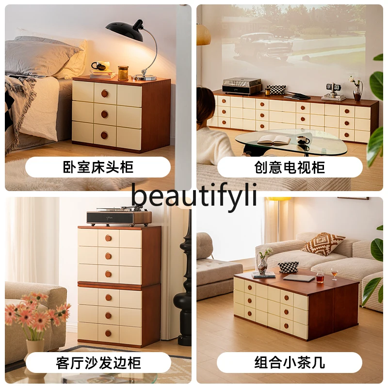 Retro solid wood chest cabinet household living room module TV cabinet dining side bedroom wall storage cabinet