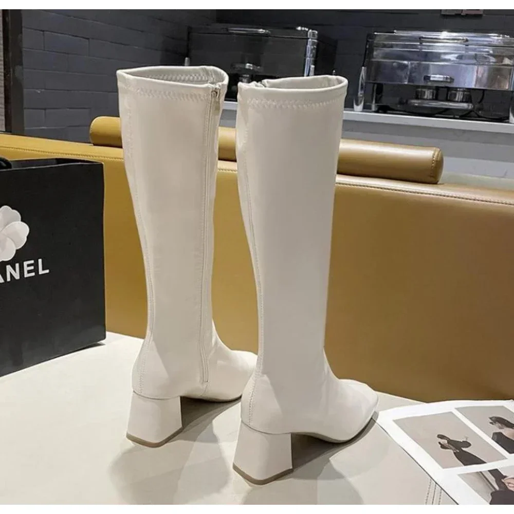 Women Knee High Boots Female Leather Knight Boots Booties Lady High Heels White Autumn Shoes Women