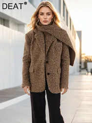 DEAT Fashion Women's Woolen Blazer Scarf Collar Non Removable Single Breasted Pockets Thick Suit Jackets Winter 2024 New CPDB311