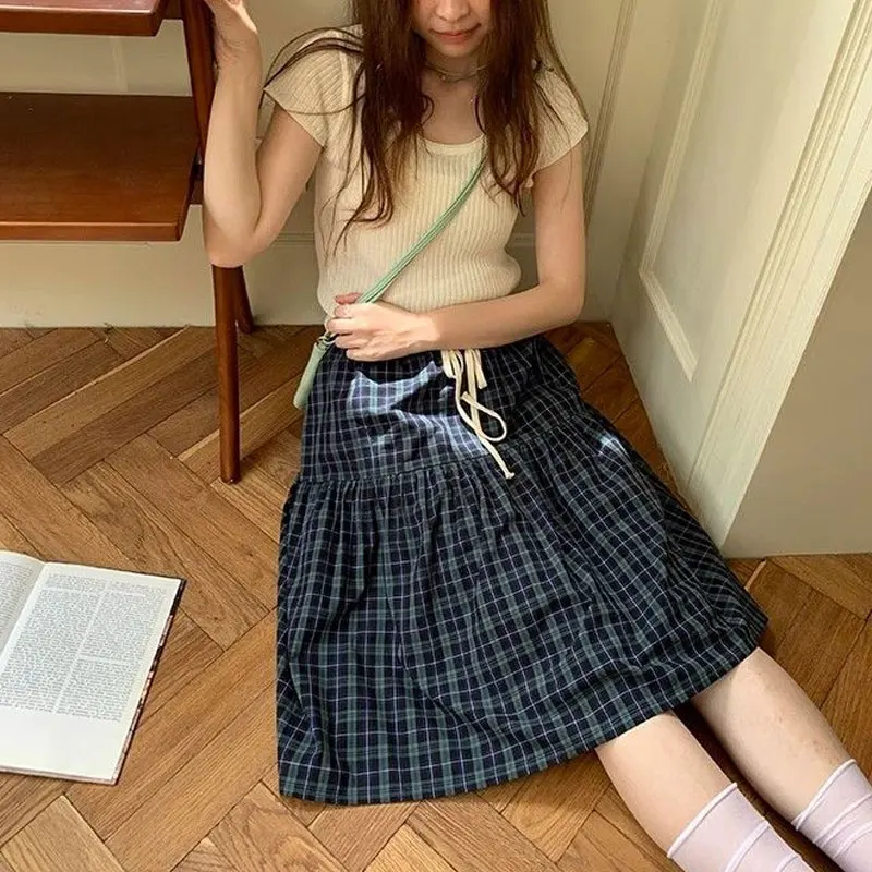 

Fashion Drawstring Vintage Plaid Midi Skirts Spring Autumn High Waist Elastic Female Clothing Aura Korean A-Line Spliced Skirts