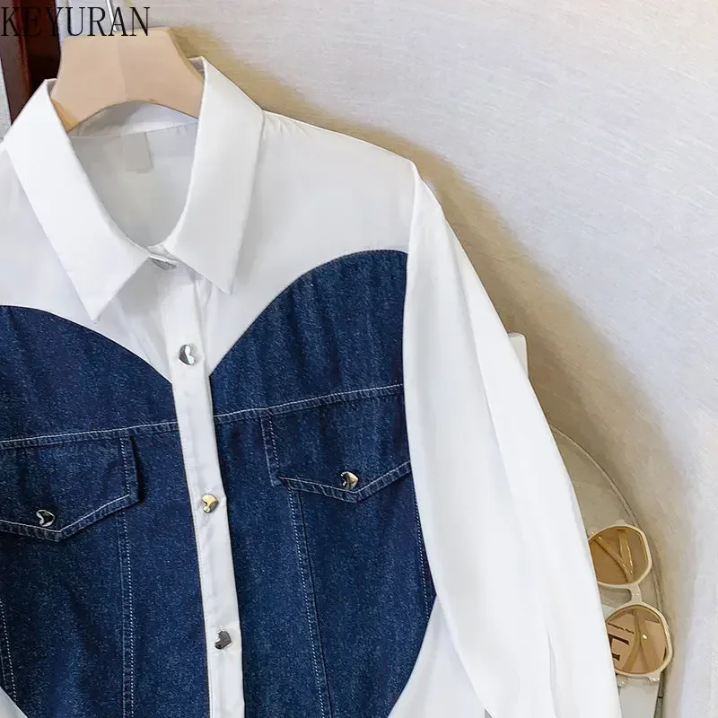 Denim Patchwork Short Sleeve Shirts Women Summer Oversized Shirt Fashion Loose Blouses Medium Length Thin Tops Women\'s Clothing