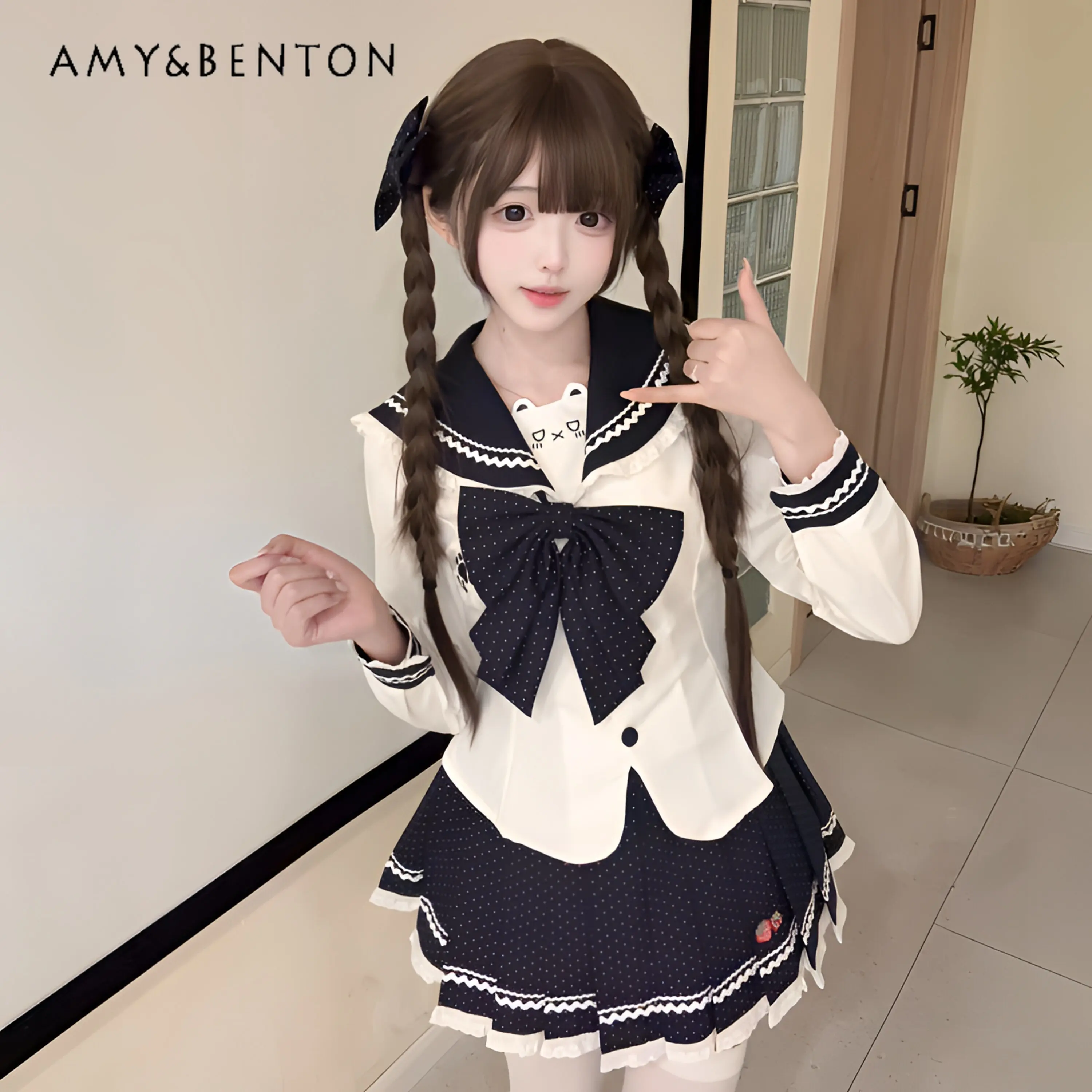 

Летний комплект в японском стиле: милый топ с вышивкой в мультяшном стиле, матросский воротник, короткий рукав, плиссированная юбка в горошек с клубничным принтом, униформа JK