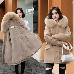 Parka à capuche avec doublure en peluche pour femme, manteau long, veste mince avec col en fourrure, vêtements de neige chauds, vêtements rembourrés, mode d'hiver, nouveau