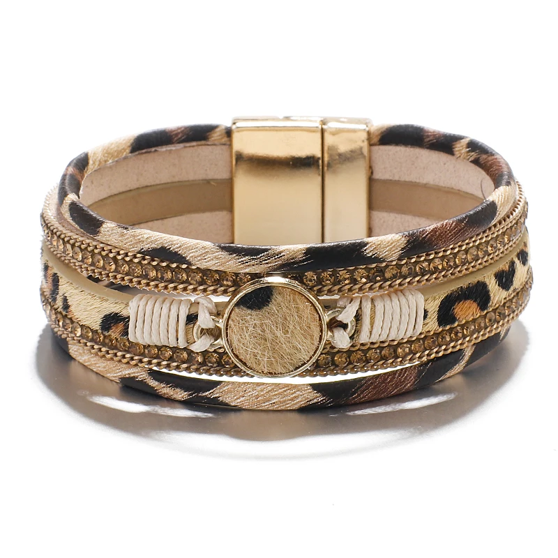 Allyes Vintage Leopard Leder Armbänder für Frauen Bohemian mehr schicht ige Kristall kette breite Wickel Armbänder & Armreifen Charm Schmuck