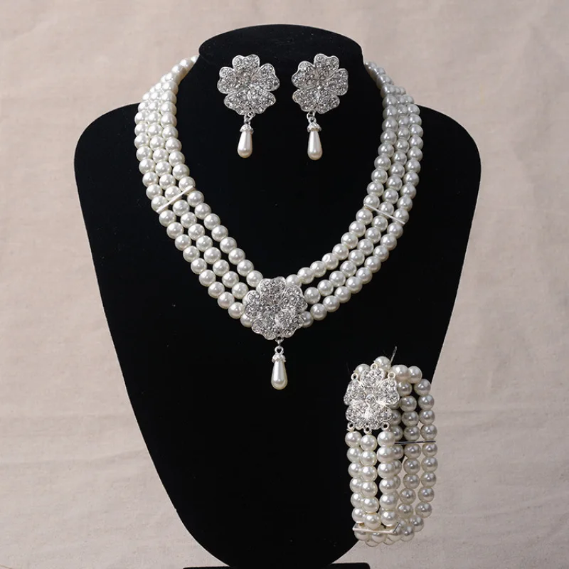 1920s Gatsby Pearl Necklace Vintage Bridal Pearl Necklace Earrings Jewelry Set 3PC 20s Accessories For Wedding Themed Party