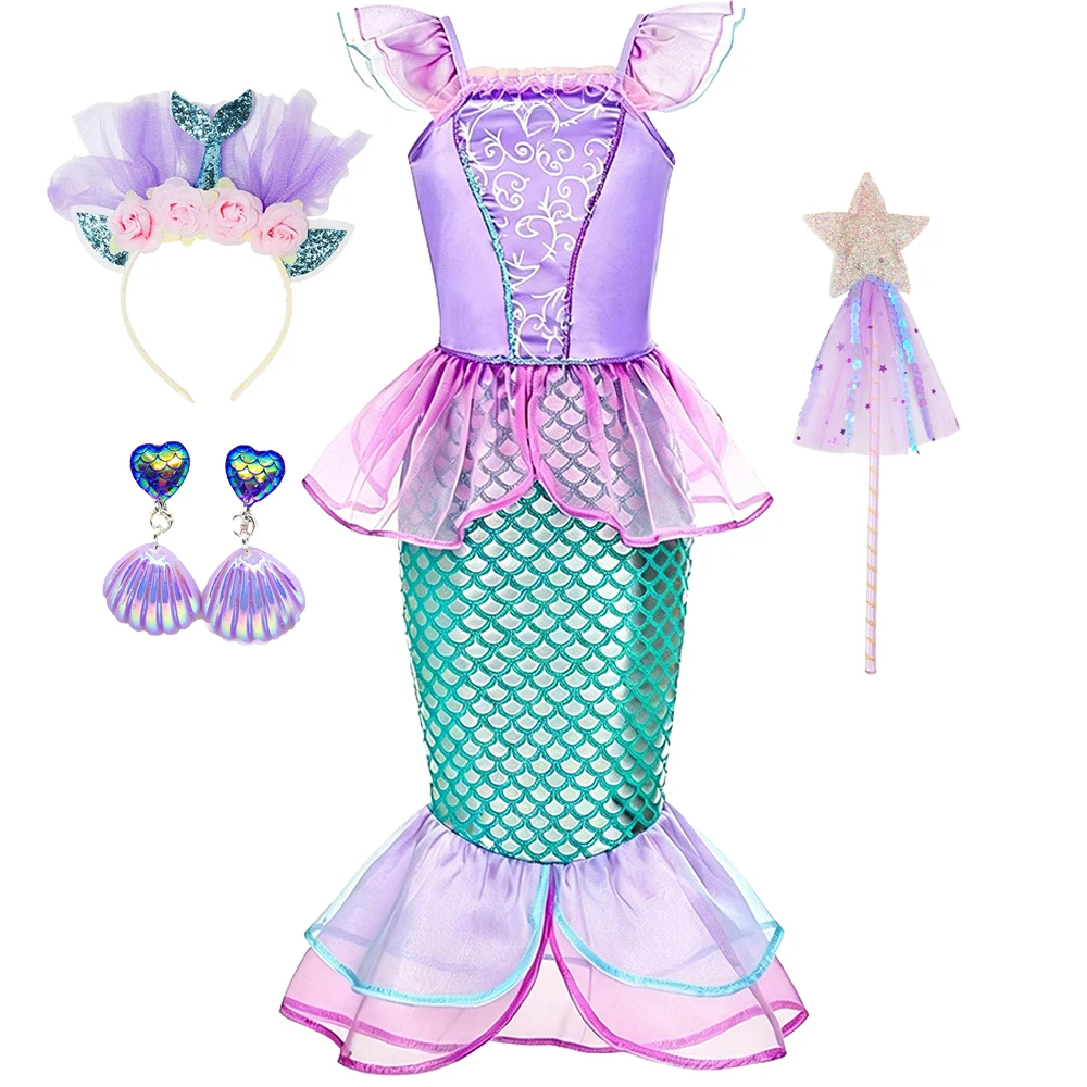 Meerjungfrauen-Sommerkleid Prinzessinnen-Kostüm mit Krone, Halskette und Zubehör-Set für Mädchen, Kinder, Karneval, Geburtstagsfeier, Abschlussball, Bühne – Detail 6