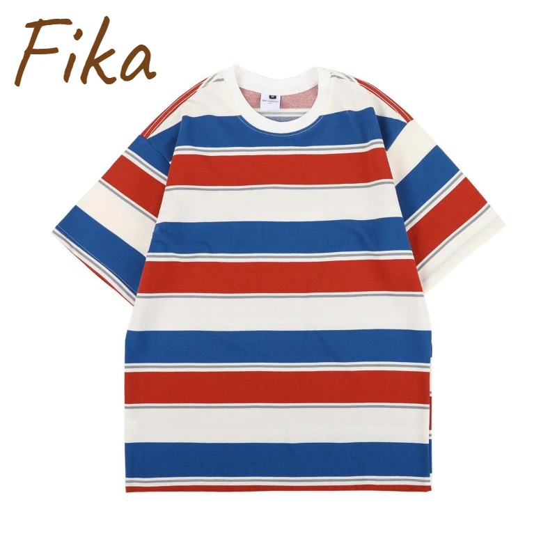 

College Style Striped Short-sleeved Japanese Trend Loose Contrast T-shirt Summer Harajuku Style Breathable Stitching Couple Top