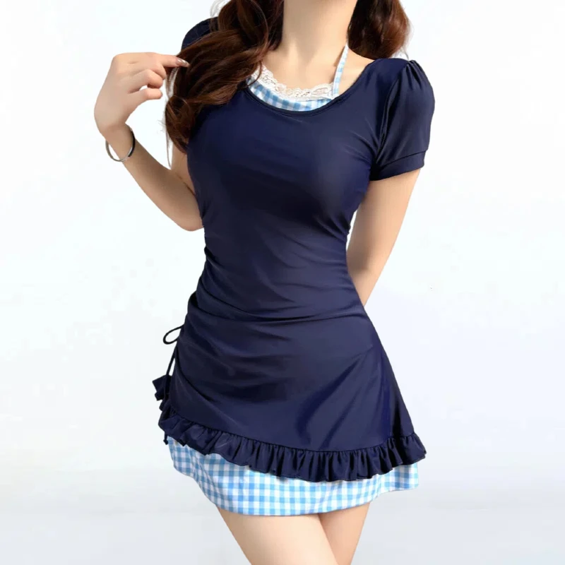 Harajuku Y2k Girls One-piece Swimsuit Women Kawaii Short-sleeved Slim-fit A-line Mini Beach Dresses Swimwear Cute Bathing Suit