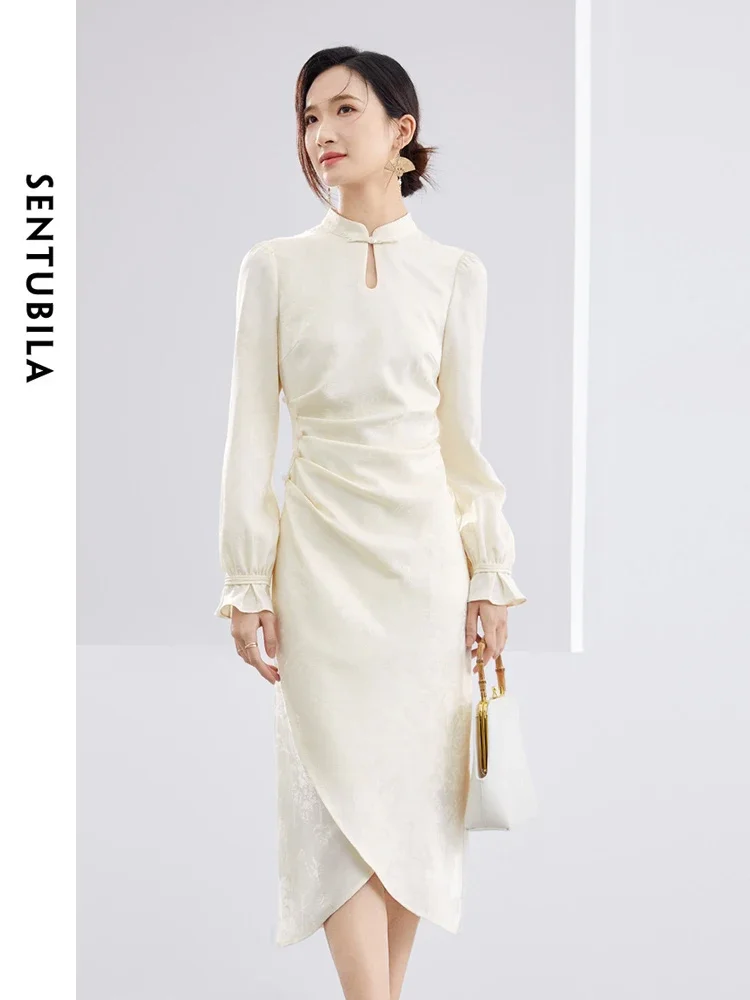 

SENTUBILA New Chinese Style Jacquard Slim Dress 2025 Spring Stand Collar Lantern Sleeve Elegant Qipao Female Clothing 141L52940