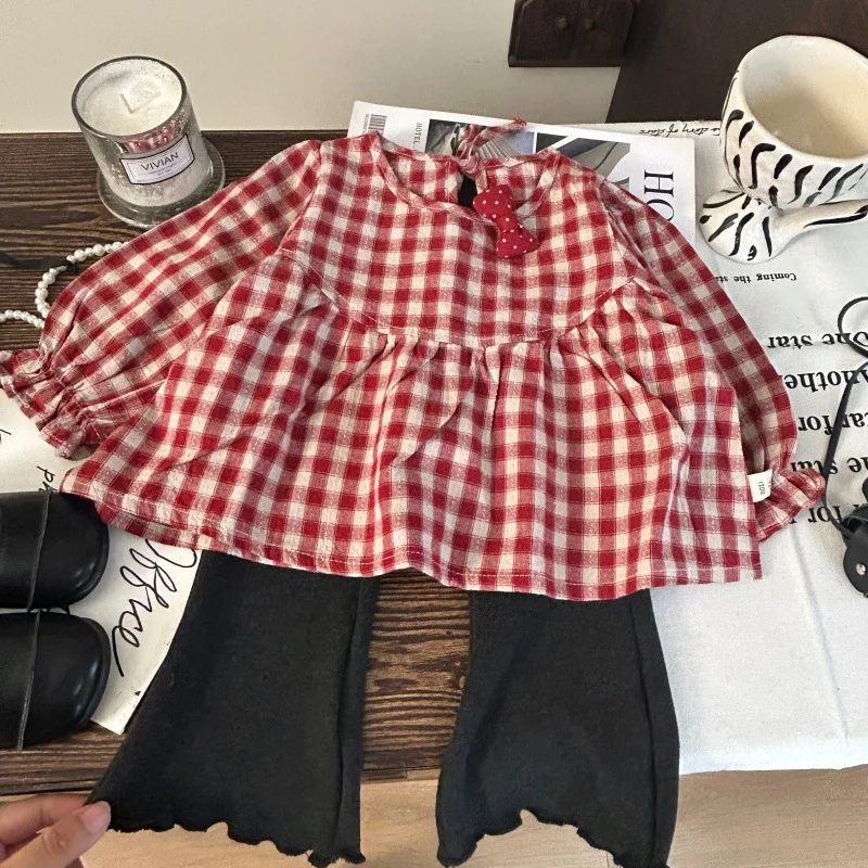 

Korean Children's Clothing 2025 New Autumn Girls' Red Checkered Doll Shirt, Children's Stylish Gray Flared Pants Two-piece Set
