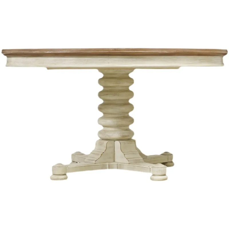 

American solid wood light luxury round dining table and chairs European all solid wood dining table simple French villa restaura