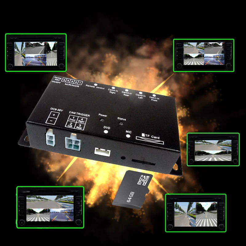 SD Card Intelligent Mini car Recorder DVR Panoramic driving Monitoring Traffic Recorder four views video 4 channel CCd camera