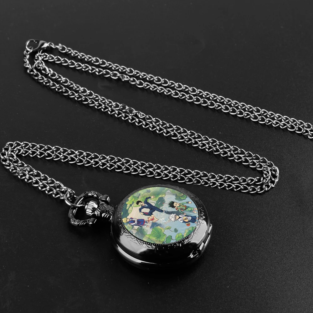 Hot Anime Hunter X Hunter Glass Dome Pocket Watch with Chain Necklace Vintage Quartz Pendant Watches Mens Women Gifts for Kids
